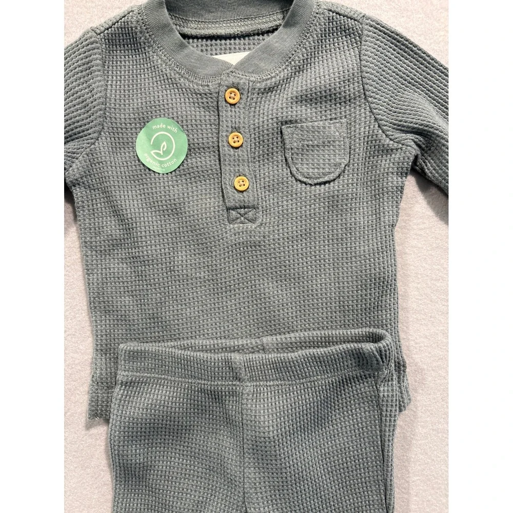 Little Planet by Carters Baby Organic Cotton Waffle Knit Henley Set Blue Grey 3M